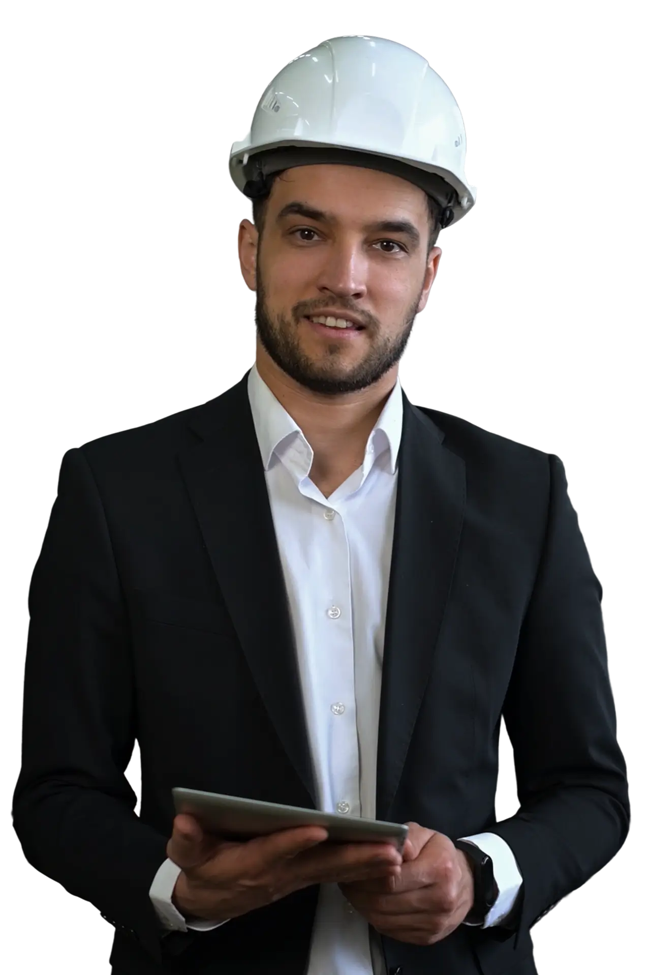 Man in suit and hard hat, holding tablet.