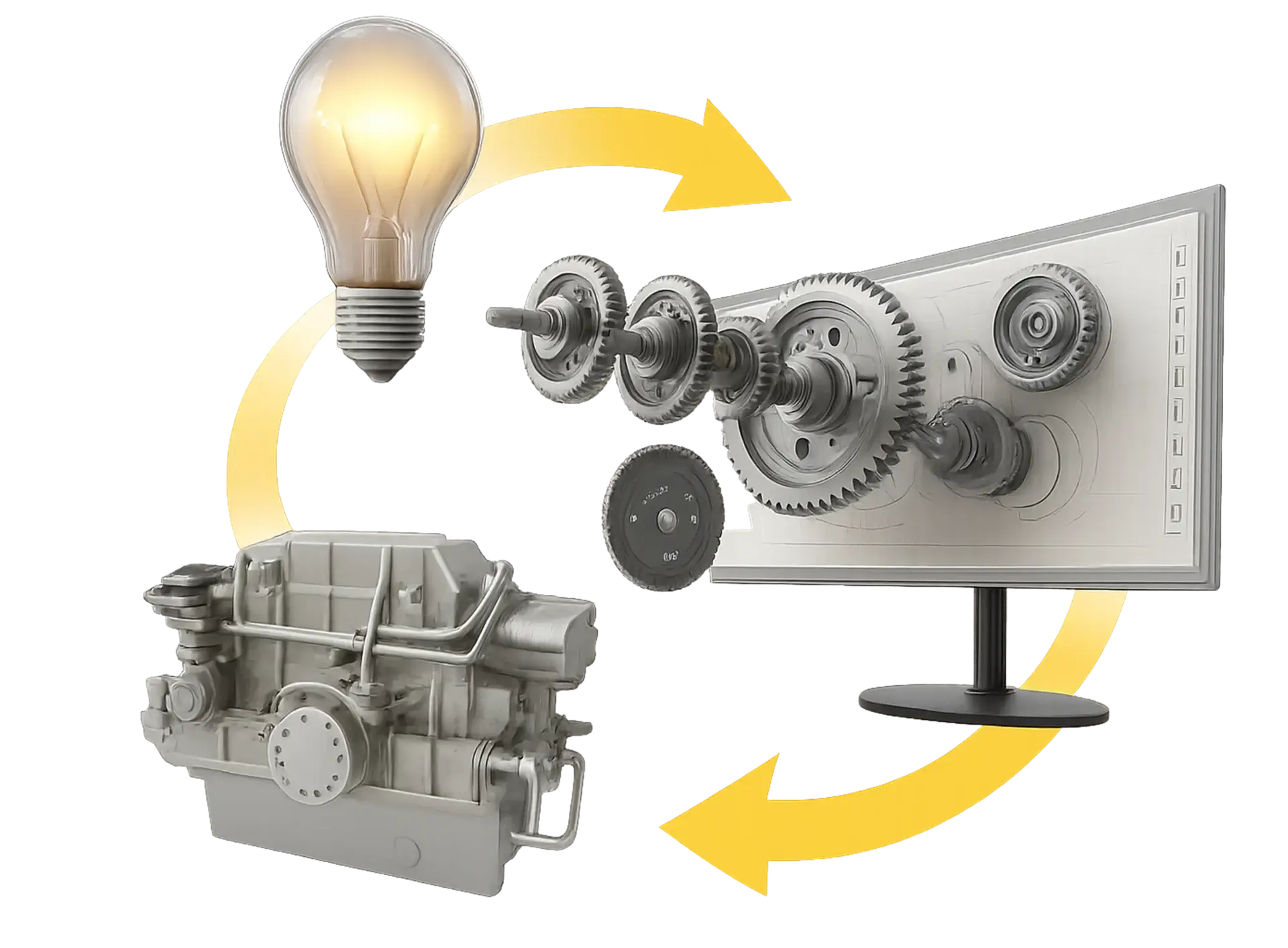 Light bulb and mechanical process diagram illustration.
